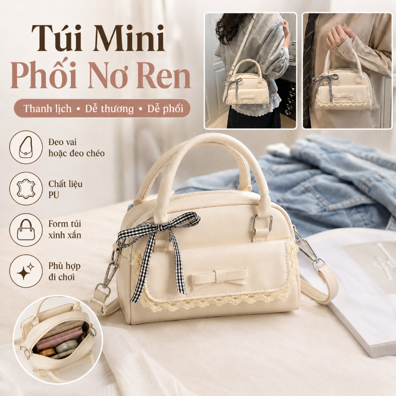 Túi Xách Da PU Phối Ren Thời Thượng - Phong Cách Tiểu Thư Thanh Lịch, Thiết Kế Tinh Tế Cho Mọi Cô Gái Yêu Cái Đẹp