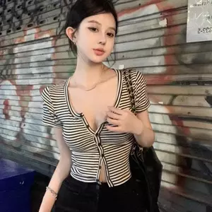 Áo sơ mi ngắn tay sọc màu tương phản gợi cảm dành cho nữ mùa hè Phong cách mới Slim-fit Áo Cardigan ngắn nhỏ