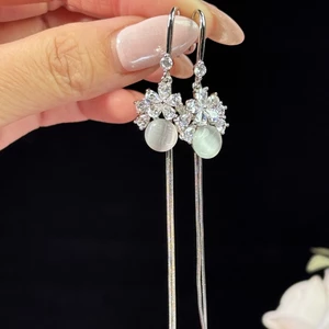 Hợp Kim Đồng Zircon Bông Tai Huayi] Niche Feel Flower Dài Opal Tua Rua Bông Tai Nhẹ Sang Trọng Móc Tai TQLI