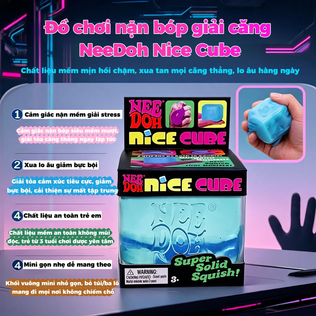 NeeDoh Nice Cube Khối nặn gel trong suốt giảm căng thẳng，đồ chơi 3 tuổi+,size 2.25 inch, quà tặng sinh nhật siêu ý nghĩa