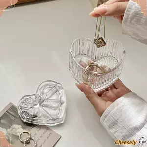 Hộp đựng đồ trang sức thủy tinh CHEESELY, Hộp đựng đồ trang sức thủy tinh pha lê hình trái tim, Trang trí có nắp Hộp quà tặng bông tai đa chức năng trong suốt