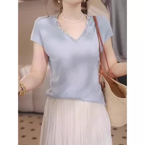 Áo thun ngắn tay cổ chữ V bằng lụa băng cao cấp màu xanh, Slim phù hợp cho mọi trận đấu mùa hè @