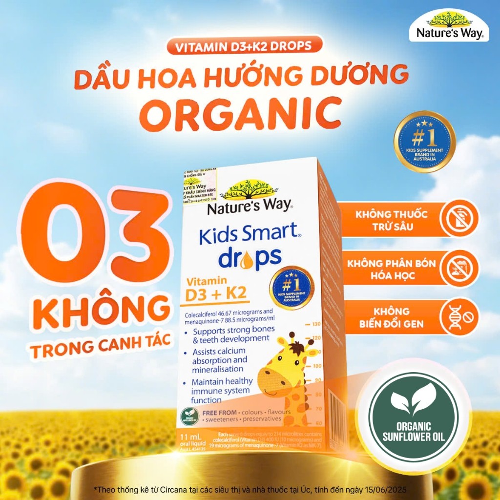Vitamin D3K2 Nature's Way, Với Dầu Hoa Hướng Dương Organic, Giúp Bổ sung Vitamin D3, K2-MK7 Cho Trẻ Sơ Sinh Hộp 11ml