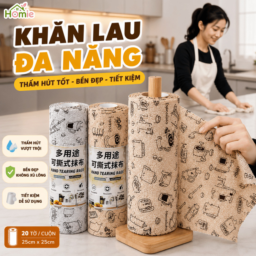 Khăn Lau Bếp Đa Năng Siêu Thấm Hút Tái Sử Dụng HOMIE, Cuộn Khăn Kháng Khuẩn Chống Dầu, Không Xơ Vải