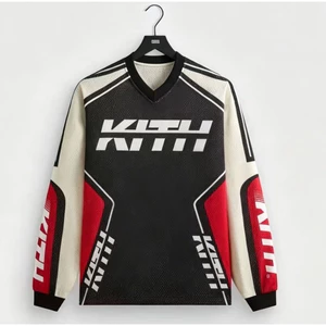 Hàng mới về chất lượng cao!T TB36#KITH FW25 Moto Mesh Chữ V Thời Trang Cùng Phong Cách Áo Thun Lưới Dài Tay