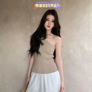 TMOY Không Đều Một Vai Tắt Vai Áo Vest Thiết Kế Không Tay Họa Tiết Màu Trơn Đa Năng Mặc Vải Co Giãn Cao TMOY