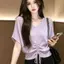 Tay áo búp bê cổ chữ V kiểu Pháp Dây rút không đều Áo len lụa băng dành cho nữ Mùa hè Phong cách mới Slim-fit thon gọn hơn