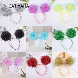 CATIYAHA Pom Pom Headband, Băng đô dự tiệc dễ thương Bling, Thời trang mạ vàng đầy màu sắc Pompom Ball Headband Nữ Cô gái màu hồng