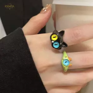 PNPIA- Nhẫn Quái Vật Xanh Dễ Thương Thời Trang Ngọt Ngào Hai Màu Mắt Mèo Mở Nhẫn Có Thể Điều Chỉnh Cho Nữ Cưới Ngón Tay Phụ Kiện Trang Sức