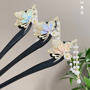 WHX-Antique Bướm Kẹp Tóc Ngọc Trai Tua Rua Gỗ Kẹp Tóc Mới Trung Quốc Kẹp Tóc Hanfu Sườn Xám Phụ Kiện Cuộn Kẹp Tóc