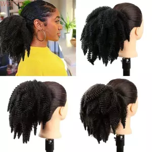 WEETW Afro Kinky Curl Pony Tails, 14 Inch Lông Tơ Ngắn Đuôi Ngựa Nối Dài, Thời Trang Tổng Hợp Tóc Tự Nhiên Dây Rút Đuôi Ngựa Có Kẹp
