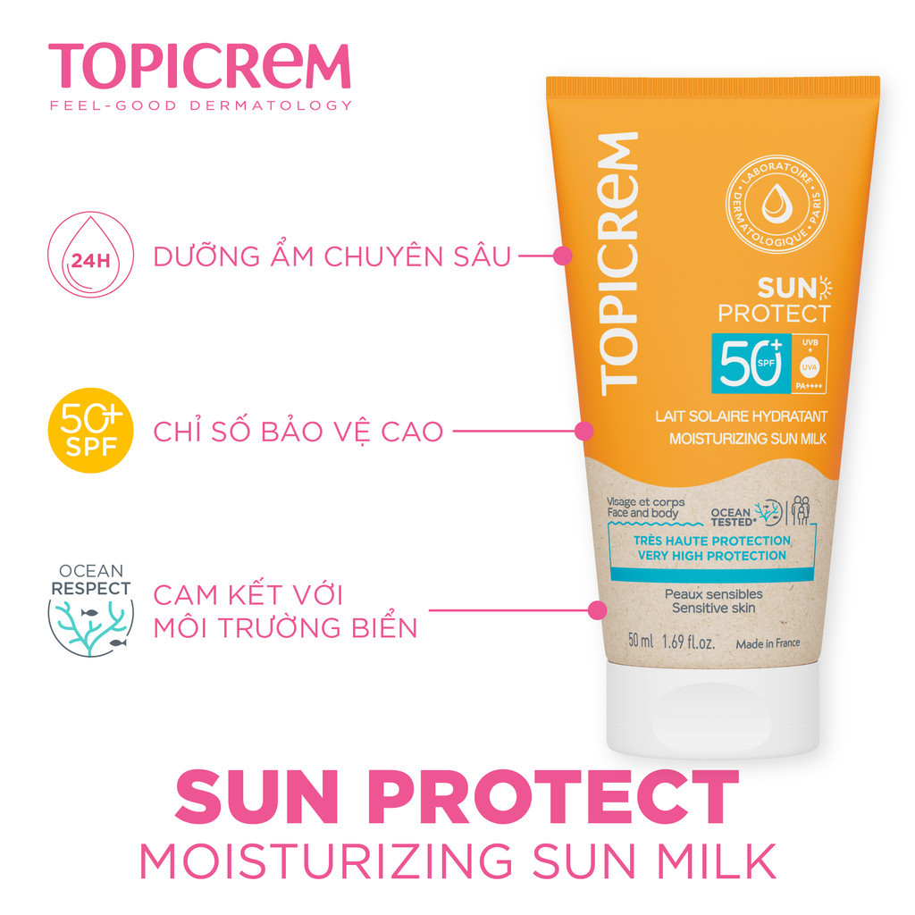 Sữa chống nắng có khả năng chống nước và cát TOPICREM SUN PROTECT MOISTURIZING SUN MILK SPF50+ 50ML