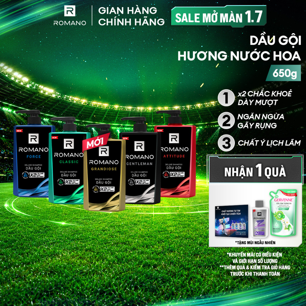 Dầu gội nam Romano hương Nước hoa nam Classic/ Force/ Attitude/Gentleman 650g/chai (Tặng phân loại ngẫu nhiên)