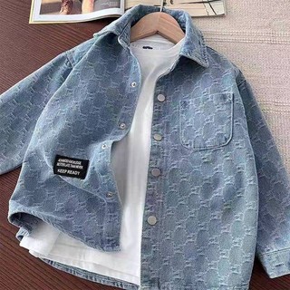 Trẻ Em Trẻ Em Áo Sơ Mi Denim Bé Trai 2025 Xuân Thu Áo Sơ Mi Phong Cách Mới Jacquard Thường Ngày Phù Hợp Với Trung Nhỏ Trẻ Em Bé Trai Bé Tay Dài