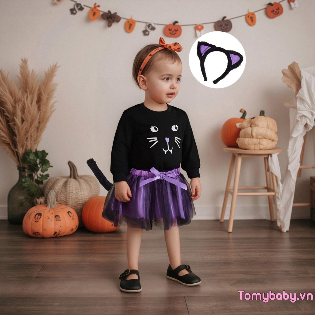Bộ trang phục Halloween cho bé gái mới biết đi Áo thun in hình mèo + Váy chữ A Mini vải tuyn + Đuôi + Băng đô Bộ 4 chiếc
