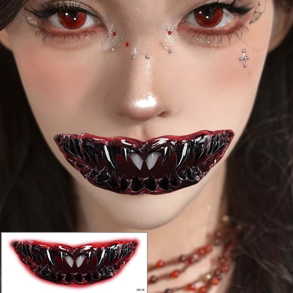 Miếng dán hình xăm miệng to màu đen trắng chống nước - perfect cho Halloween và trang điểm mặt