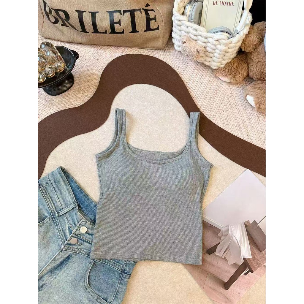 SUXI Áo ba lỗ cổ vuông màu trơn đơn giản mùa thu mới dành cho nữ 250905
