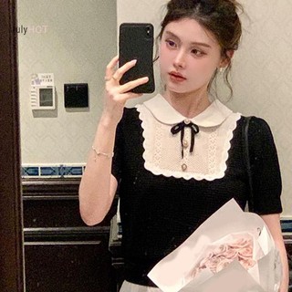 JULYHOT Pháp Nơ Ngọt Ngào Cổ Búp Bê Tay Ngắn Chắp Vá Rỗng Áo Thun Dệt Kim Thường Ngày Cho Nữ Massivedeals