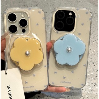 Sang Trọng Màu Vàng Đáy Toàn Màn Hình Màu Xanh Nơ Hoa Từ Giá Đỡ Ốp lưng Thích Hợp Cho iPhone17 16 15 14 13 Pro Max Chống Sốc Bảo Vệ Camera Ốp Lưng Cứng Chống Rơi
