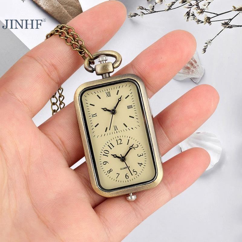 JINHF Đồng Hồ Tinh Tế Đồng Móc Khóa Đồng Hồ Bỏ Túi Vuông Retro Phong Trào Đôi Thời Gian Đồng Hồ Thạch Anh Không Có Nắp Cổ Phong Cách Mặt Dây Chuyền HOT