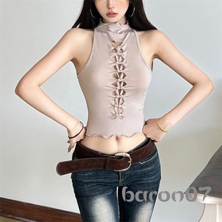 Áo Crop Top Mùa Hè Cho Nữ Màu Trơn Cổ Cao, Thiết Kế Thắt Nút Trước, Form Slim Fit
