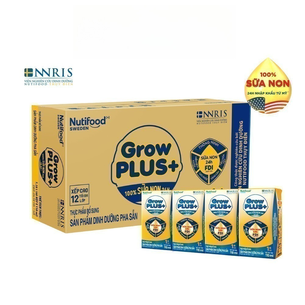 Thùng 48 hộp sữa bột pha sẵn Nutifood GrowPLUS+ Vàng (Sữa Non Tăng Đề Kháng) 110/180ml - (48 Hộp ) Date Mới