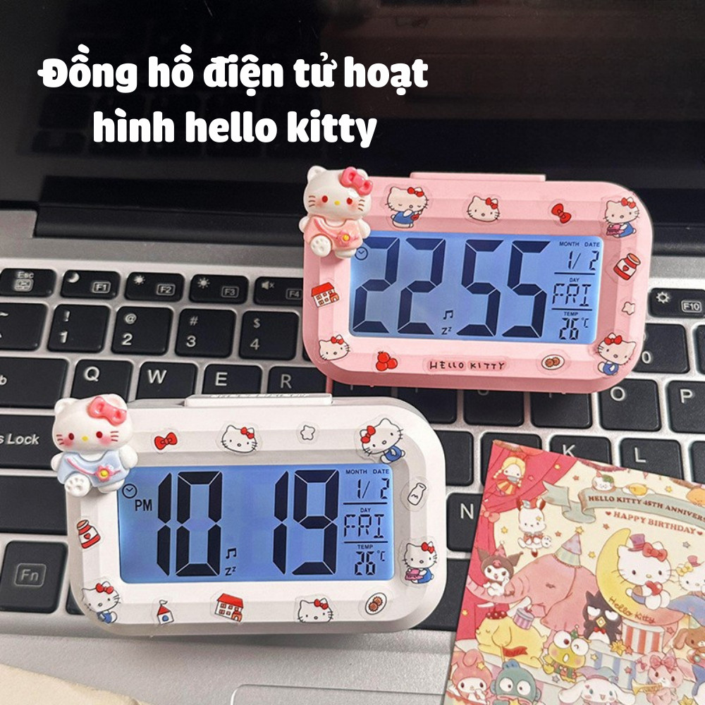 Đồng Hồ Báo Thức Điện Tử Hello Kitty Để Bàn DINO, Đồng Hồ Mini Để Bàn Màn Hình LED Hiển Thị Rõ Ràng