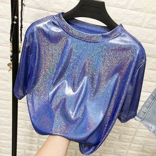 Áo lụa thời trang FUJIZOU, Áo thun nữ dáng rộng sáng bóng màu tím cổ điển, Sequins hồng thẩm mỹ ngọt ngào Bông tai Kẹp tay ngắn