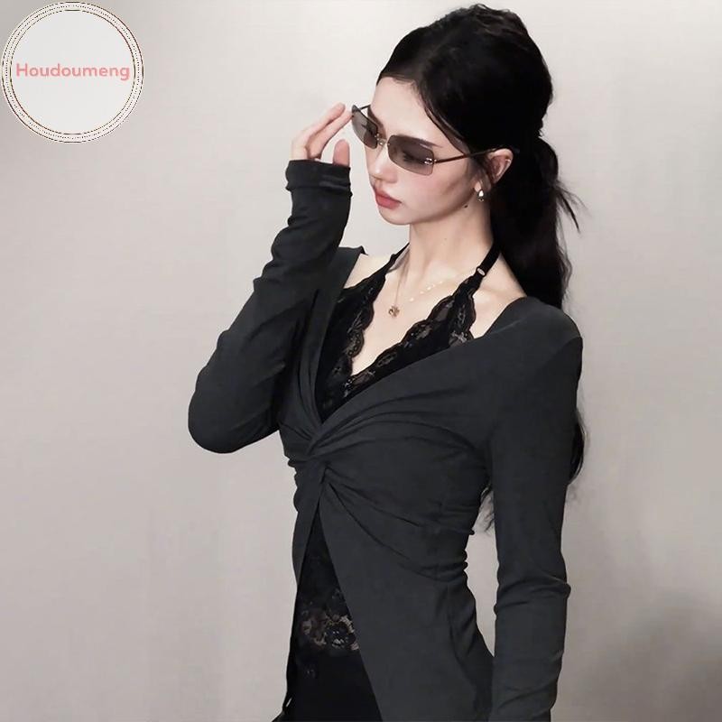 hoodie hai mảnh mỏng gợi cảm cho nữ với ren và dây áo thun dài tay