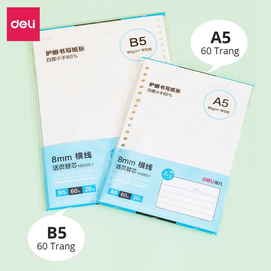 Ruột Sổ Còng Giấy Refill A5 B5 A4 Deli - Kẻ Ngang/ Caro - Giấy Chống Lóa 100/ 120 Trang - Sổ Planner Bullet Journal