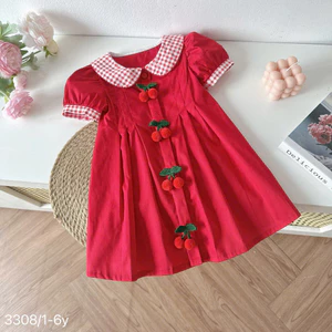 Váy Đỏ Tết Noel Cộc Tay Cổ Sen Caro Đính Cherry Cho Bé Gái Chất Thô Lụa 8-26kg
