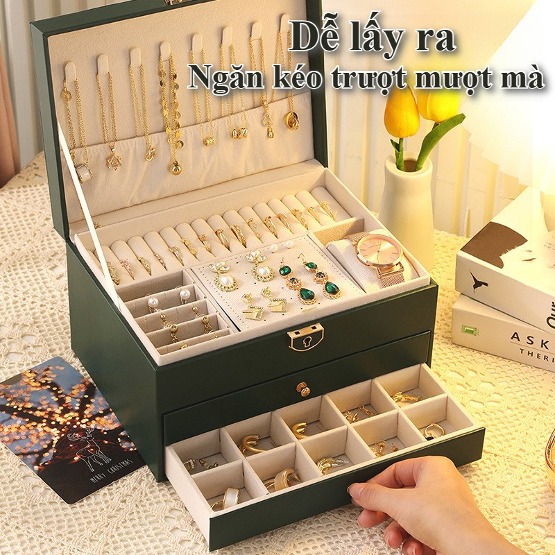 Hộp Đựng Nữ Trang & Phụ Kiện 3 Tầng Dung Lượng Lớn, Da PU Vân Nổi Sang Trọng,Thiết Kế Nhiều Ngăn Đa Năng