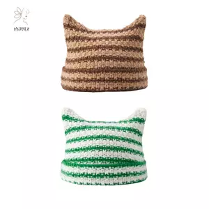 HNKMP Tai Mèo Dễ Thương Beanie Móc Mũ Dành Cho Nữ Cô Gái Dệt Kim Y2K Sọc Mùa Đông Ấm Áp Rời Phù Hợp Với Handmade HipHop Phong Cách Mũ Skullies.