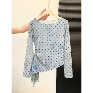 Thiết kế đi lại In chấm bi Smudge dài tay Gạc hai lớp Áo thun khâu không đều