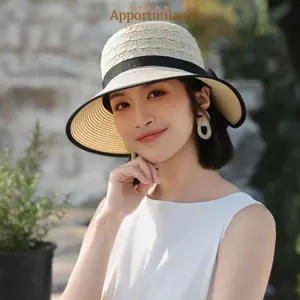 IAPPORTUNIA Mũ Chống Nắng Ngoài Trời, Ống Hút Thoáng Khí Ren Thanh Lịch Mũ Rơm, Phong Cách Pháp Thiết Kế Nơ Mũ Đi Biển Resort Mặc