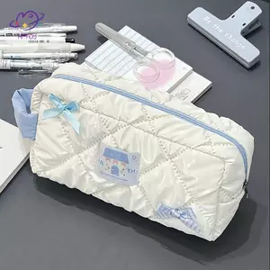 Túi đựng bút chì nơ trắng màu xanh HFTOY Túi đựng văn phòng phẩm dung tích lớn Túi lưu trữ du lịch Túi đựng mỹ phẩm dành cho nữ Thiết kế dễ thương Hộp đựng bút chì ~