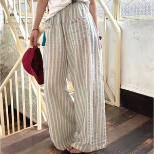 Quần Sọc Vải Lanh Cotton Nữ Mùa Hè Phong Cách Mới Rời Thẳng Nhỏ Eo Cao Drap Quần Ống Rộng Mỏng