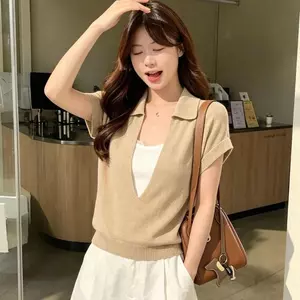 2026 Kaki Áo cổ chữ V dệt kim ngắn tay dệt kim Kaki Slim-Fit Summer Classy All-Match Top