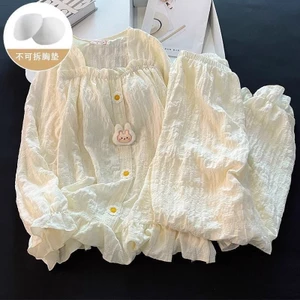 Bộ Đồ Ngủ Có Đệm Bộ Quần Dài Tay Cotton Dài Tay Cho Nữ, Bộ Đồ Mặc Nhà Ngọt Ngào Cho Nữ