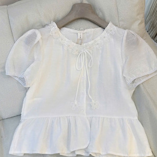 Áo Kiểu Nữ Tay Ngắn Cổ Hoa 3D Phong Cách Pháp Dáng Babydoll Viền Bèo Nhún Thanh Lịch Mùa Hè 2026 Hot Trend