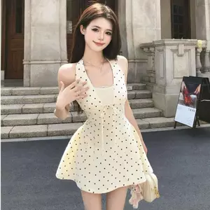 Phong cách mong muốn tinh khiết Mùa hè ngọt ngào eo hẹp mỏng hơn Thiết kế nhìn giác quan Ren khâu màu xám chấm bi
