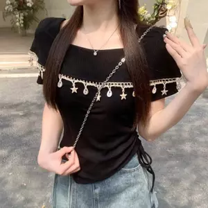 Phiên bản Hàn Quốc Thời trang Retro Công nghiệp nặng Thiết kế tua rua Cổ vuông Áo thun ngắn tay nữ Mùa hè Phong cách mới xếp li Slim @