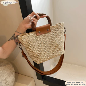Túi cói CPINCP, Túi rơm dệt phong cách Bohemian, Túi đeo vai có tay cầm thời trang đi biển kỳ nghỉ