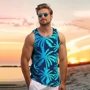 Áo tăng nam 3D nhiệt đới, Áo Vest dừa mùa hè cổ điển, thoáng khí mềm mại mát mẻ dạo phố Tee