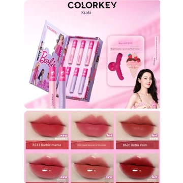 son bóng lì lâu trôi son bóng chính hãng Colorkey Kolaqi Barbie Co-Branded Lip Glaze Hộp Quà Tặng Mini Bộ Son Môi Nhung Gương Ánh Sáng Lễ Tình Nhân