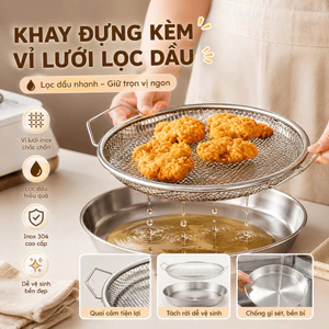Khay Inox Kèm Vỉ Lưới Lọc Dầu Ăn 304 Có Tay Cầm GADI, Combo Ráo Dầu Chiên Rán Giữ Món Ăn Giòn Ngon