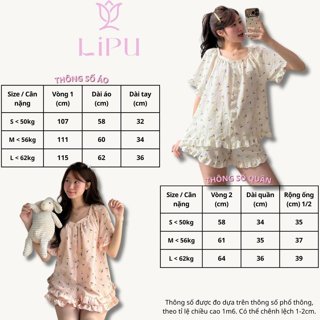 Set Pyjama Cộc Cổ Vuông Hoạ Tiết Hoa Nhí Phối Bèo S03 LIPU