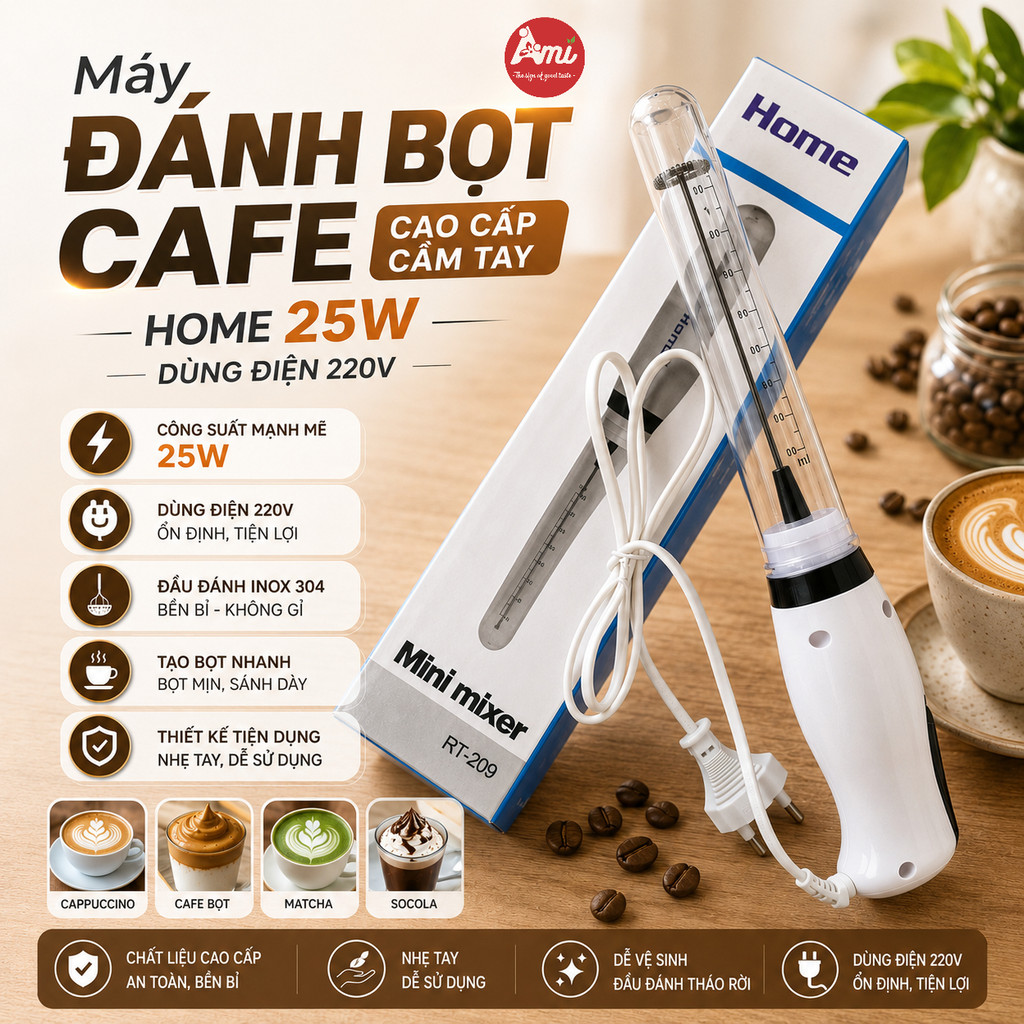 Máy Tạo Bọt Cafe, Đánh Bọt Sữa Cao Cấp Home 25W – Dùng Điện 220V