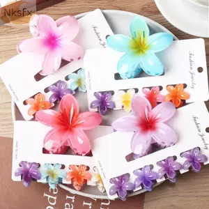 NKSFX 5 Cái / bộ Vuốt Tóc, Kẹp Tóc Hoa Hawaii Gradient Acrylic, Hoa Ngọt Ngào Plumeria Kẹp Hoa Đuôi Ngựa Kẹp Phụ Kiện Tóc Đi Biển