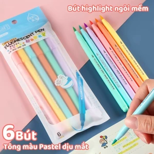 Bút Highlight Đánh Dấu Cho Học Sinh, Bút Dạ Quang Ngòi Brush 6 Bút Màu Tươi Sáng Nhiều Màu
